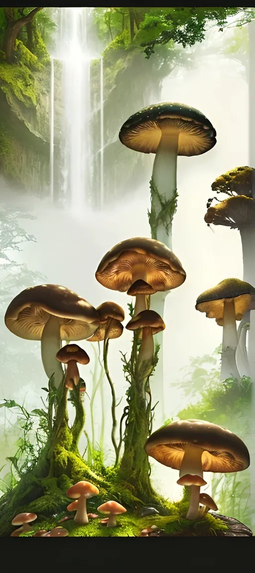 Prompt: Forest of mushrooms, earthy colors, detailed, light mist, waterfall, high quality, detailed rendering, earth tones, atmospheric lighting