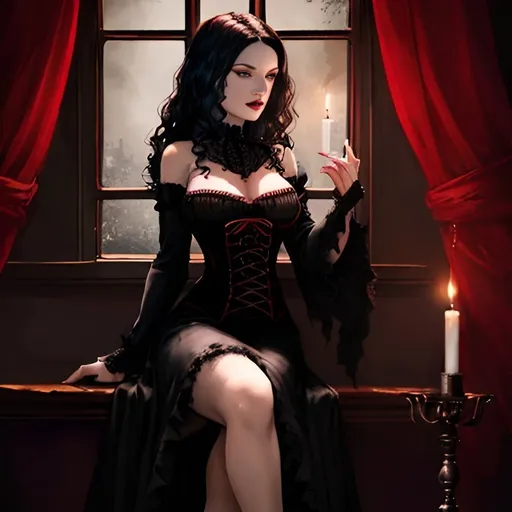 Prompt: Beautiful woman in black and red corset dress, dark curly hair, sitting at Gothic castle window, candle burning, dark color palette, Gothic furniture, candlelight, highres, detailed, gothic, elegant, dark tones, candlelit, elaborate dress, intricate details, atmospheric lighting