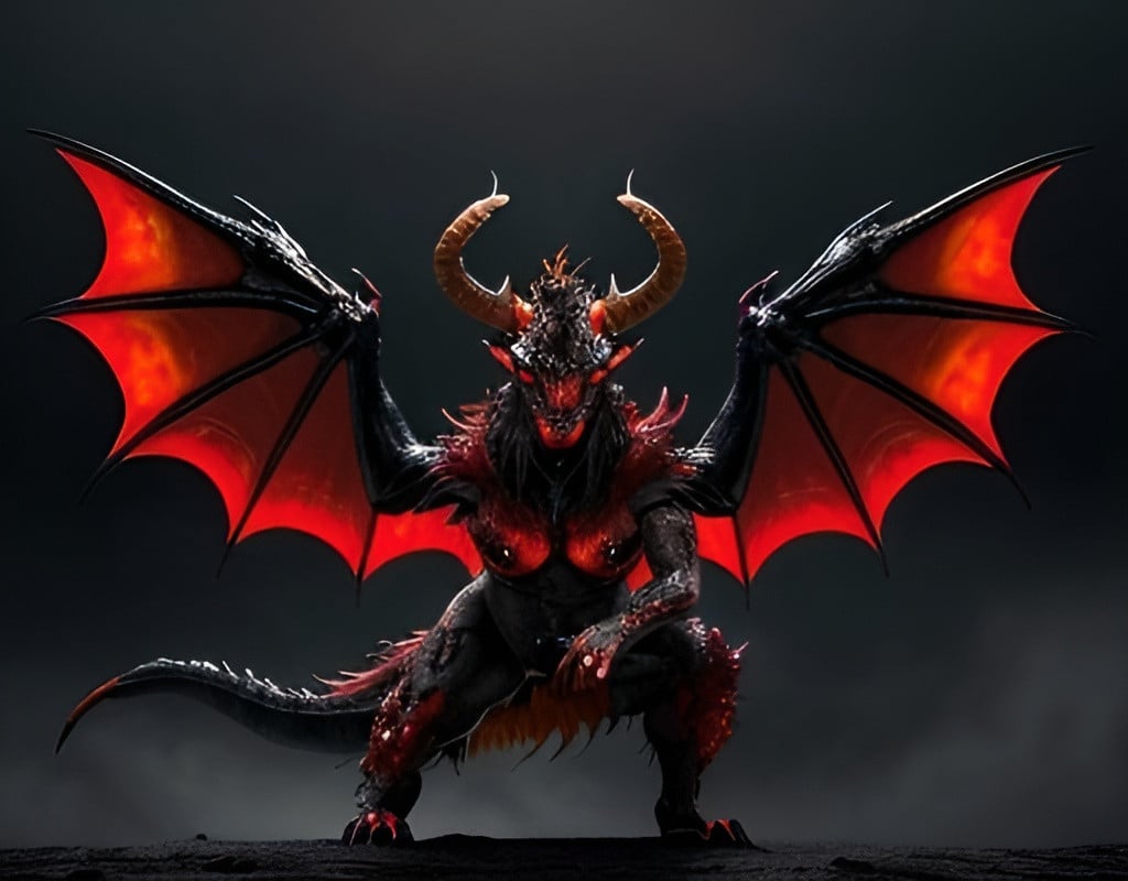 Prompt: Imagine facing a dragon with obsidian and opal scales, its horned head poised for attack. Dragon unleashes a red, orange and yellow blaze from its mouth, its eyes glowing a crimson. With wings outstretched and ready to take flight. claws open and ready to strike. Aggressive stance, black, curled horns, black and red, Realistic, dark colors, ethereal lighting, scary, dark, menacing. Mideval Castle in background, lightening