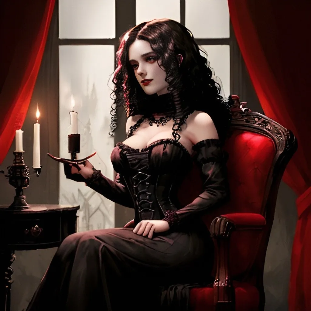 Prompt: Beautiful woman in black and red corset dress, dark curly hair, sitting at Gothic castle window, candle burning, dark color palette, Gothic furniture, candlelight, highres, detailed, gothic, elegant, dark tones, candlelit, elaborate dress, intricate details, atmospheric lighting