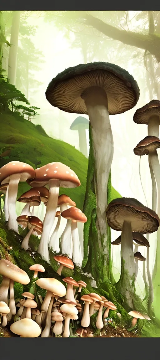 Prompt: Forest of mushrooms, earthy colors, detailed, light mist, waterfall, high quality, detailed rendering, earth tones, atmospheric lighting