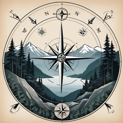 Prompt: compass rose with the NW at top. abstract mountains and forest at center. small fisherman in background.

