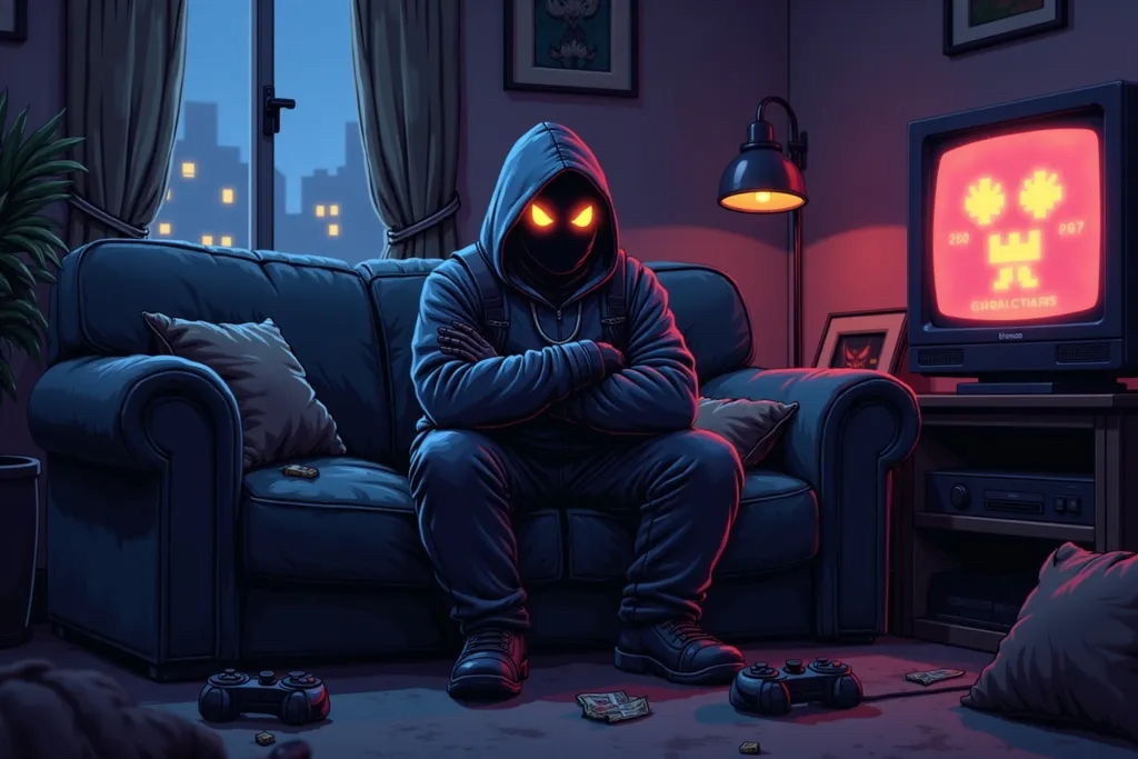 Prompt: @EAcw2qpXMJhmIORJ39Sh is playing videogames on a couch looking at a retro tv