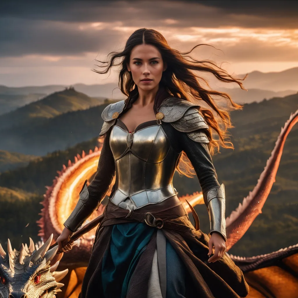 Prompt: Beautiful woman, long flowing hair, casting spell, fighting dragon, magic, dramatic sky, An ultra-realistic photograph captured with a Sony α7 III camera, equipped with an 85mm lens at F 1.2 aperture setting,  The image, shot in high resolution and a 16:9 aspect ratio, captures the subject’s natural beauty and personality with stunning realism –ar 16:9 –v 5.2 –style raw