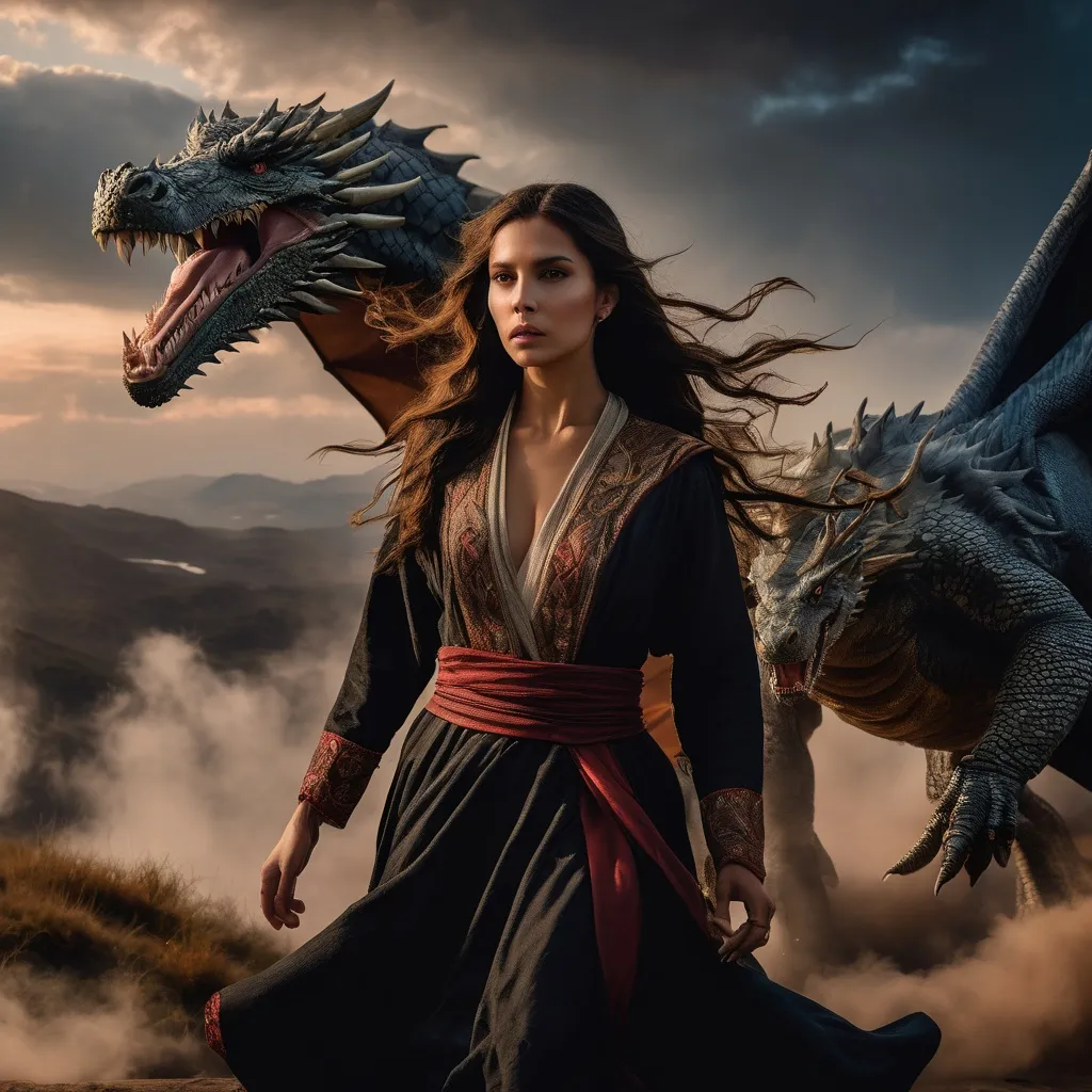 Prompt: Beautiful woman, long flowing hair, long flowing robe, sorceress , casting spell, fighting dragon, magic, dramatic sky, An ultra-realistic photograph captured with a Sony α7 III camera, equipped with an 85mm lens at F 1.2 aperture setting,  The image, shot in high resolution and a 16:9 aspect ratio, captures the subject’s natural beauty and personality with stunning realism –ar 16:9 –v 5.2 –style raw