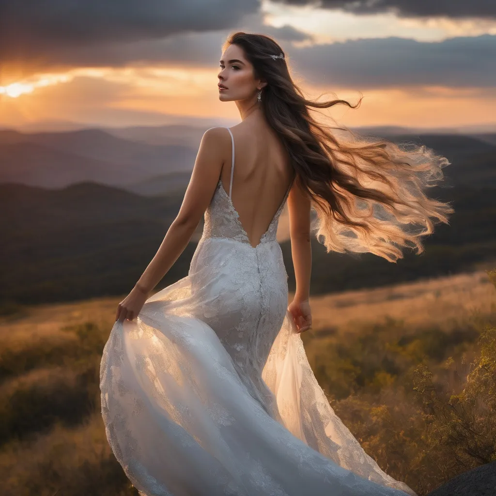 Prompt: Beautiful woman, long flowing hair, long flowing gown, alluring, sensual, romantic outdoor setting, dramatic sky, An ultra-realistic photograph captured with a Sony α7 III camera, equipped with an 85mm lens at F 1.2 aperture setting,  The image, shot in high resolution and a 16:9 aspect ratio, captures the subject’s natural beauty and personality with stunning realism –ar 16:9 –v 5.2 –style raw