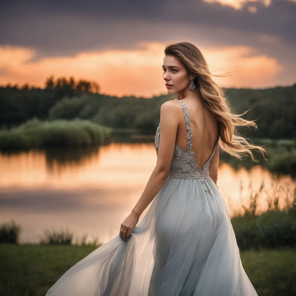 Prompt: Beautiful woman, long flowing hair, long flowing gown, alluring, romantic outdoor setting, dramatic sky, An ultra-realistic photograph captured with a Sony α7 III camera, equipped with an 85mm lens at F 1.2 aperture setting,  The image, shot in high resolution and a 16:9 aspect ratio, captures the subject’s natural beauty and personality with stunning realism –ar 16:9 –v 5.2 –style raw