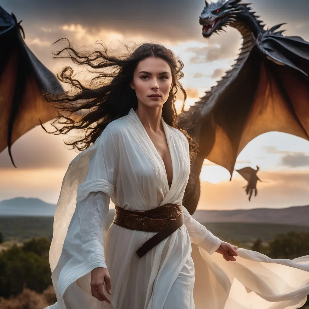 Prompt: Beautiful woman, long flowing hair, long flowing white robe, sorceress , casting spell, fighting dragon, magic, dramatic sky, An ultra-realistic photograph captured with a Sony α7 III camera, equipped with an 85mm lens at F 1.2 aperture setting,  The image, shot in high resolution and a 16:9 aspect ratio, captures the subject’s natural beauty and personality with stunning realism –ar 16:9 –v 5.2 –style raw