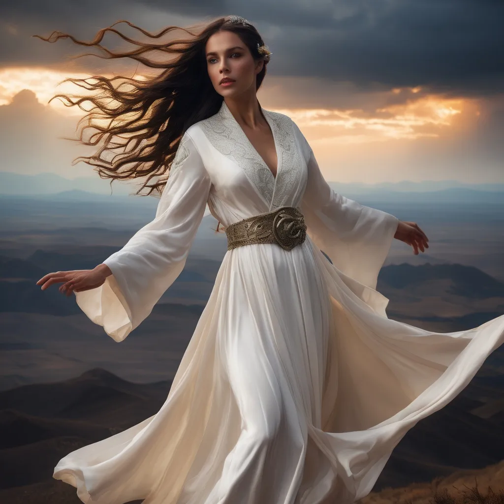 Prompt: Beautiful woman, long flowing hair, long flowing white robe, sorceress , casting spell, fighting dragon, magic, dramatic sky, An ultra-realistic photograph captured with a Sony α7 III camera, equipped with an 85mm lens at F 1.2 aperture setting,  The image, shot in high resolution and a 16:9 aspect ratio, captures the subject’s natural beauty and personality with stunning realism –ar 16:9 –v 5.2 –style raw