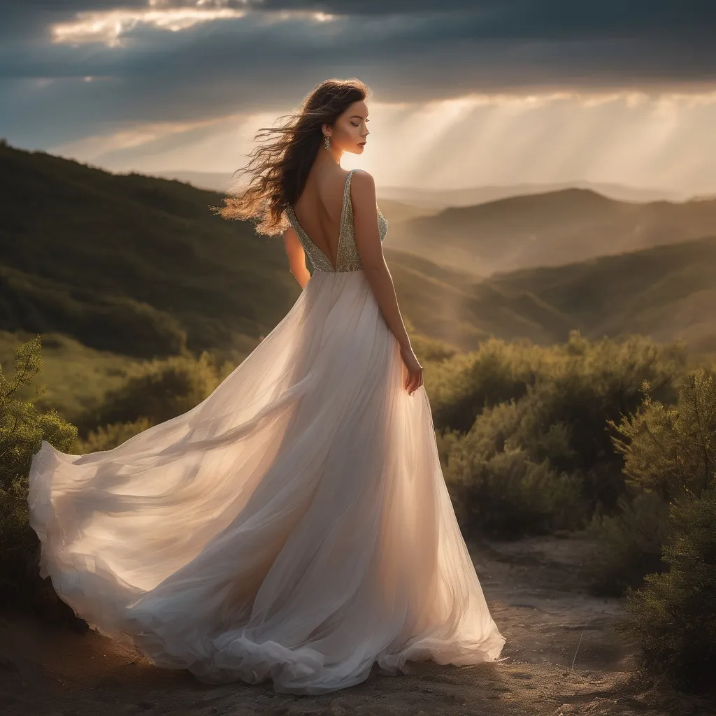 Prompt: Beautiful woman, long flowing hair, long flowing gown, alluring, romantic outdoor setting, dramatic sky, An ultra-realistic photograph captured with a Sony α7 III camera, equipped with an 85mm lens at F 1.2 aperture setting,  The image, shot in high resolution and a 16:9 aspect ratio, captures the subject’s natural beauty and personality with stunning realism –ar 16:9 –v 5.2 –style raw