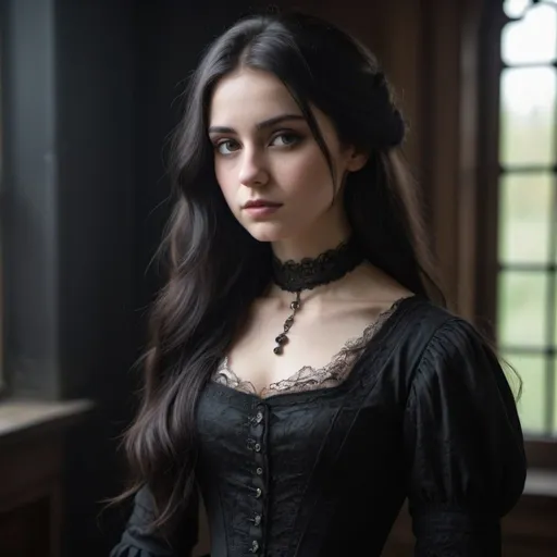 Prompt: 25 years old woman, long dark hair, superreal, no contrast, soft shadows, sharp focus, full body shot, dark Victorian clothes