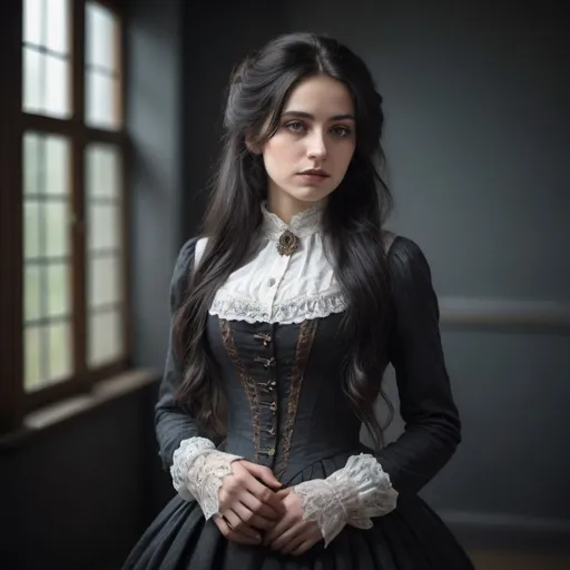 Prompt: 25 years old woman, long dark hair, superreal, no contrast, soft shadows, sharp focus, full body shot, anthrazit Victorian clothes