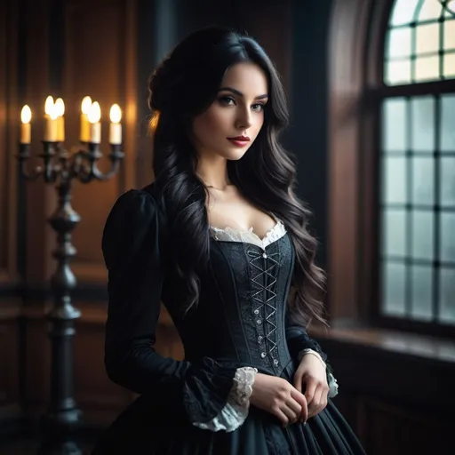 Prompt: 25 years old woman, long dark hair, superreal, no contrast, soft shadows, sharp focus, full body shot, dark Victorian clothes,dramatic lighting, bright color tones