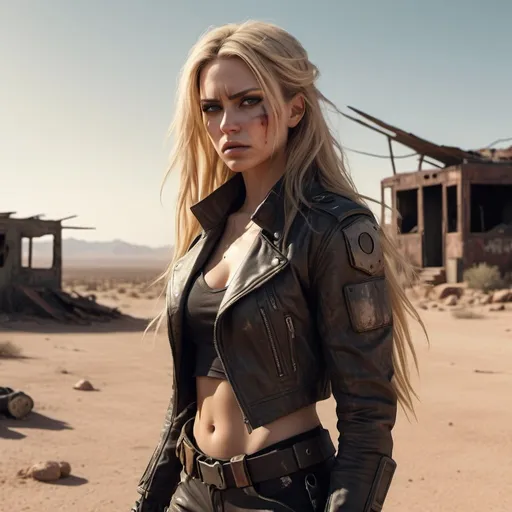 Prompt: a woman with long blonde hair. post-apocalyptic scenario. she is slightly dirty. she wears a leather outfit. the backdrop is a barren wasteland behind a red desert in the distance. She is standing near an andriod, a few ruined buildings nearby.
correct proportions, cinematic photo with dramatic lighting, hyper-realistic textures, atmospheric, dark, highly detailed, futuristic post-apocalyptic desert, cinematic, HDR, 8k, film shot, professional color correction, volumetric lighting, sharp focus, film grain, high dynamic range, dramatic lighting, realistic textures: