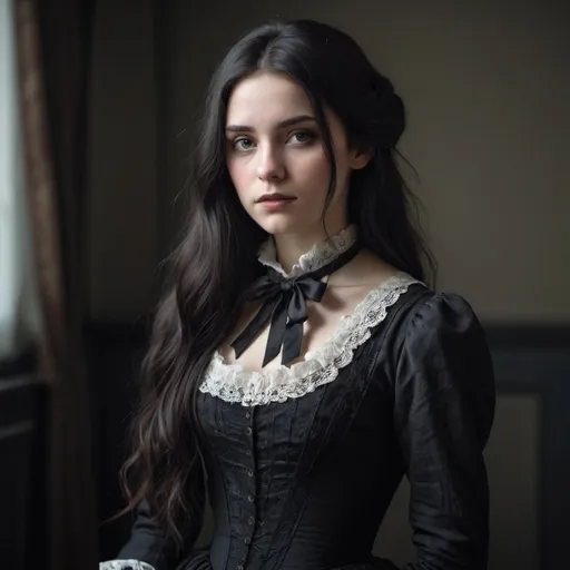 Prompt: 25 years old woman, long dark hair, superreal, no contrast, soft shadows, sharp focus, full body shot, dark Victorian clothes