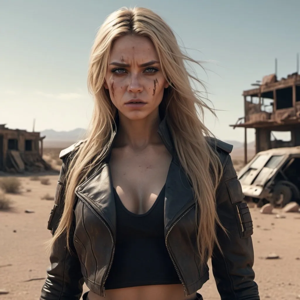 Prompt: a woman with long blonde hair. post-apocalyptic scenario. she is slightly dirty. she wears a leather outfit. the backdrop is a barren wasteland behind a red desert in the distance. She is standing near an andriod, a few ruined buildings nearby.
correct proportions, cinematic photo with dramatic lighting, hyper-realistic textures, atmospheric, dark, highly detailed, futuristic post-apocalyptic desert, cinematic, HDR, 8k, film shot, professional color correction, volumetric lighting, sharp focus, film grain, high dynamic range, dramatic lighting, realistic textures: