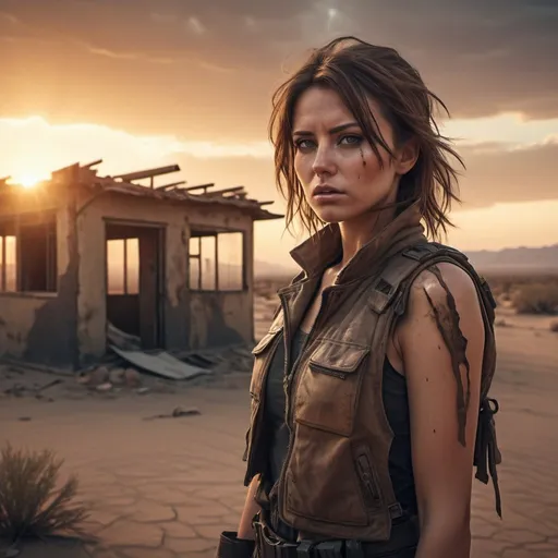Prompt: desert, small damaged building, brown haired women, sunset, lether clothes, very detailed, futuristic post-apocalyptic, cinematic, HDR, 8k, cinematic shot, professional color grading, volumetric lighting, sharp focus, film grain, high dynamic range, dramatic lighting, realistic textures: