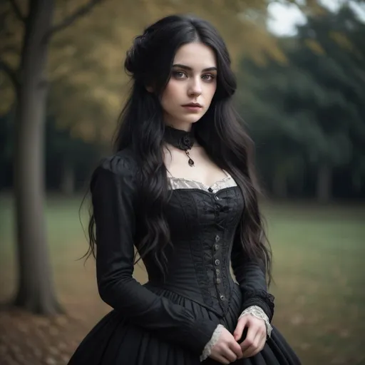 Prompt: 25 years old woman, long dark hair, superreal, no contrast, soft shadows, sharp focus, full body shot, dark Victorian clothes