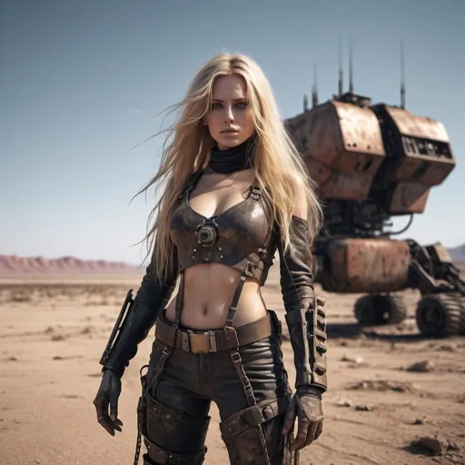 Prompt: a woman with extra long blonde hair. post apocalyptic. she is dusty and dirty. she wearing in a leather outfit with metal bindings. dusty. the woman is standing in front of the robot, the setting is a barren wasteland behind of a red desert in the far distance. cinematic photo with dramatic lighting, hyper-realistic textures, moody, dark, very detailed, futuristic post-apocalyptic desert, cinematic, HDR, 8k, cinematic shot, professional color grading, volumetric lighting, sharp focus, film grain, high dynamic range, dramatic lighting, realistic textures: