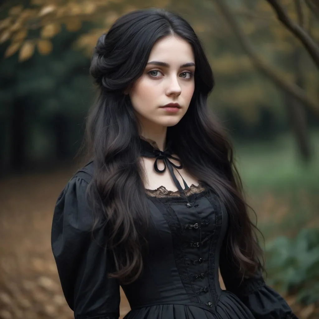 Prompt: 25 years old woman, long dark hair, superreal, no contrast, soft shadows, sharp focus, full body shot, dark Victorian clothes