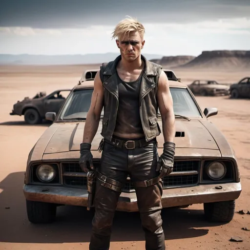 Prompt: a blonde haired man, post apocalyptic, mad max inspired, he is dusty and dirty, he wearing in a leather outfit with thin straps and metal bindings. dusty. he is standing next to a mad max car,
the setting is a barren wasteland behind of a red desert in the far distance. 
cinematic photo with dramatic lighting, hyper-realistic textures, moody, dark, very detailed, futuristic post-apocalyptic desert, cinematic, HDR, 8k, cinematic shot, professional color grading, volumetric lighting, sharp focus, film grain, high dynamic range, dramatic lighting, realistic textures