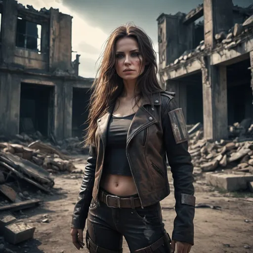 Prompt: a woman with long brown hair. post apocalyptic. she is dusty and dirty. she wearing in a leather outfit, the woman is standing in front of ruins,  cinematic photo with dramatic lighting, hyper-realistic textures, moody, dark, very detailed, futuristic post-apocalyptic, cinematic, HDR, 8k, cinematic shot, professional color grading, volumetric lighting, sharp focus, film grain, high dynamic range, dramatic lighting, realistic textures: