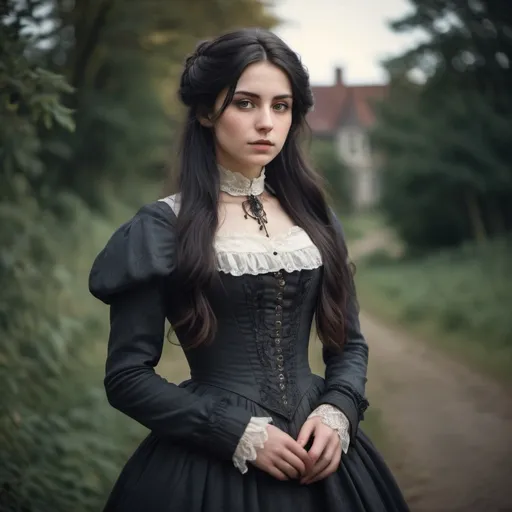 Prompt: 25 years old woman, long dark hair, superreal, no contrast, soft shadows, sharp focus, full body shot, anthrazit Victorian clothes