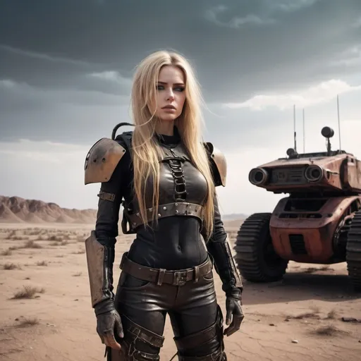 Prompt: a woman with extra long blonde hair. post apocalyptic. she is dusty and dirty. she wearing in a leather outfit with metal bindings. dusty. the woman is standing in front of the robot, the setting is a barren wasteland behind of a red desert in the far distance. cinematic photo with dramatic lighting, hyper-realistic textures, moody, dark, very detailed, futuristic post-apocalyptic desert, cinematic, HDR, 8k, cinematic shot, professional color grading, volumetric lighting, sharp focus, film grain, high dynamic range, dramatic lighting, realistic textures: