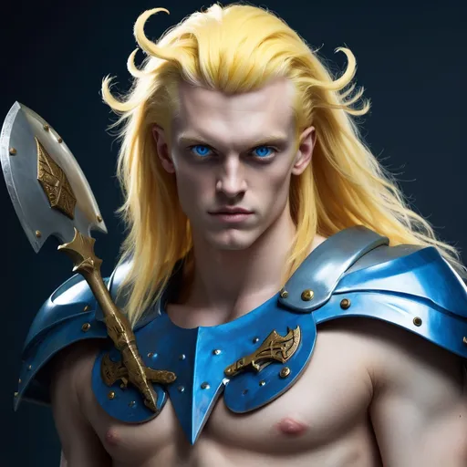 Prompt: Human nephilim, with proteankin, trident and shield, yellow hair and blue eyes, 30 years old.