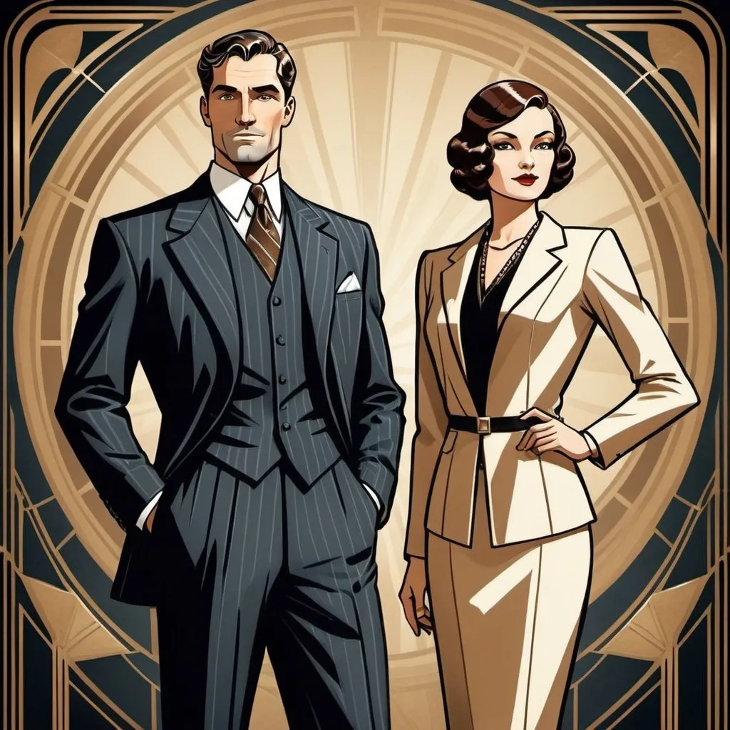 Prompt: Show one handsome man and one beautiful woman dressed appropriately for business settings. They are standing separately from each other and they are not a couple. Use Art Deco style. Should be stylized like a comic rather than realistic; e.g., no shading.