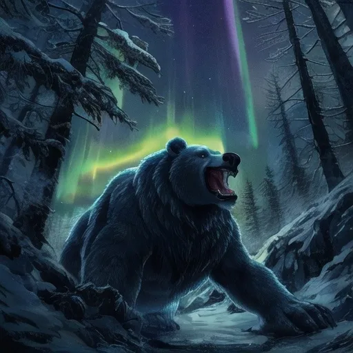 Prompt: Ghost looking Bear In a nightly Winter forest roaring with northern lights