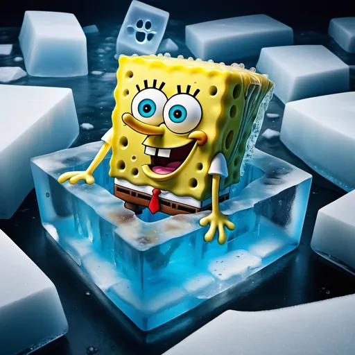 Prompt: SpongeBob frozen inside a block of ice