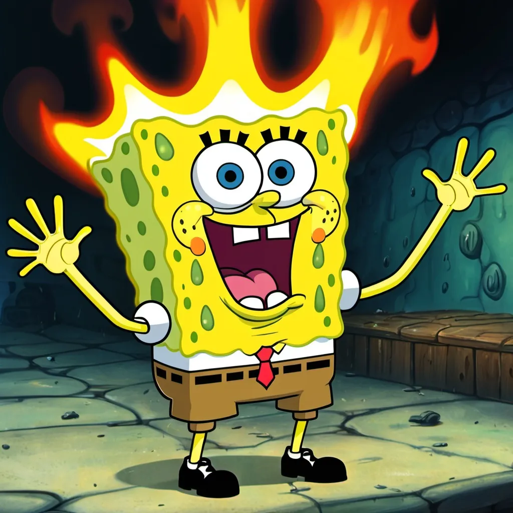 Prompt: SpongeBob screaming on fire