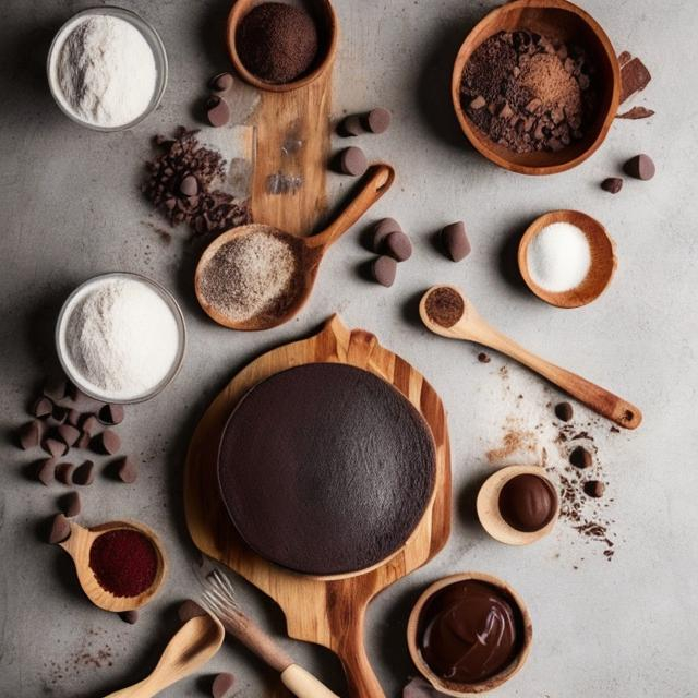 Prompt: There is a kitchen woody table on which there are a wooden spoon and some ingredients of bakking a chocolat cake. this photo need to be like a real photo shoot