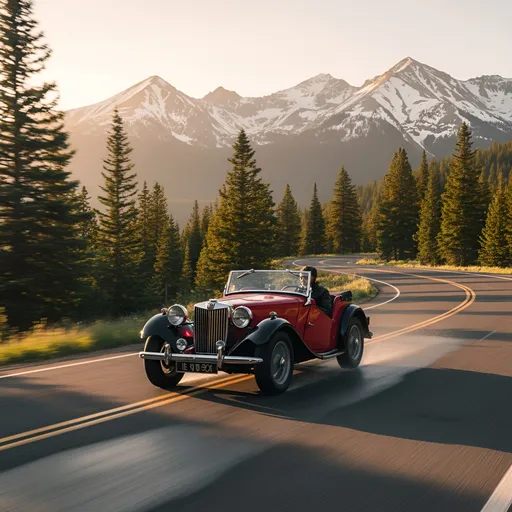 Prompt: Snow peaked Rocky Mountains in Colorado. On a twisting winding mountain road through the trees, we see a man driving a 1948 MG, Red with Black fenders and top down. It is driving at speed, and we see light water spray as the car drives through wets spots on the highway. Dramatic golden hour lighting for cinematic view, photorealism.