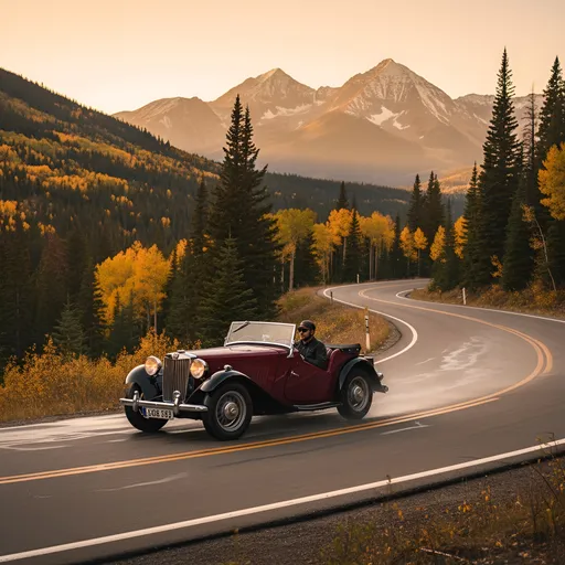 Prompt: Snow peaked Rocky Mountains in Colorado. On a twisting winding mountain road through the trees, we see a man driving a 1948 MG, Red with Black fenders and top down. It is driving at speed, and we see light water spray as the car drives through wets spots on the highway. Dramatic golden hour lighting for cinematic view, photorealism.
