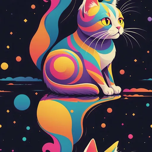 Prompt: Un gato con colores psicodelicos en su pelaje sentado en un fondo brillante todo en imagen vectorial y estilo kawai