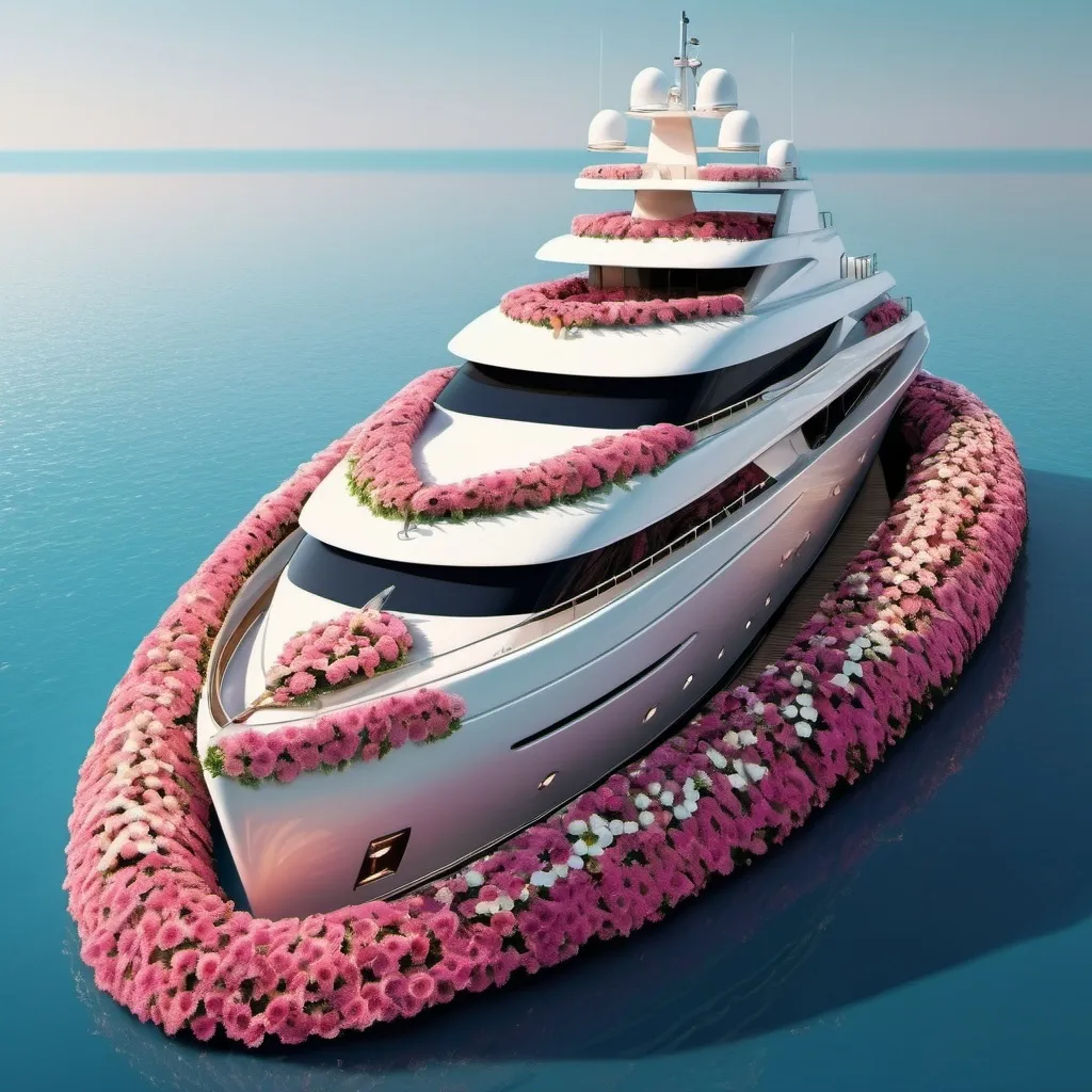 Prompt: yacht made with flowers,realistic ,luxury