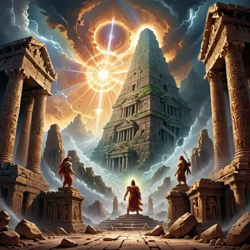 Prompt: (Divine Awakening cover) epic portrayal of ancient ruins, shadowy figures of (deceased old gods) fading into the ethereal background, in stark contrast to the vibrant emergence of (new gods) breaking through the earth, richly colored celestial skies, sweeping dramatic clouds, looming mountains, mystical atmosphere, sense of rebirth and power, high detail, 4K resolution.