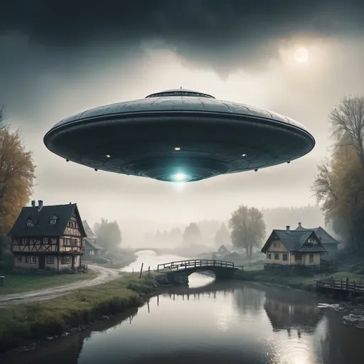 Prompt: Creat an image of the German Haunbu II flying saucer flying over a small settlement, foggy, bridge and river, dramatic fantasy settlement scene, cinematic lighting