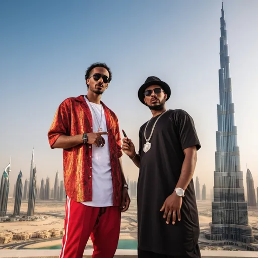 Prompt: Scene: Two eritrean hip-hop singers stand in front of the Dubai skyline.

	•	Fat Man: Dressed in flashy clothes, he confidently holds a cigarette.
	•	Skinny Man: He’s very lean, wearing trendy, fitted clothing and holding a microphone.

The backdrop showcases the Burj Khalifa and the impressive skyline of Dubai.