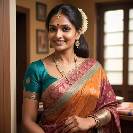 Prompt: (Indian aunty in saree with cleavage), elegant pose, colorful traditional saree draped gracefully, intricate patterns, warm and vibrant tones, soft ambient lighting, inviting smile, hair tied elegantly, cozy indoor setting with cultural decor, authentic and rich textures, high detail, ultra-detailed visual, captivating atmosphere.