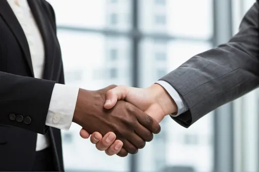 Prompt: Create an image of a business partnership, two people shaking hands - one male, one female - ensure diversity