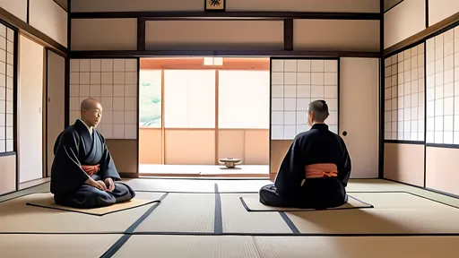 Prompt: he monk and professor sitting cross-legged inside a minimalist, traditional Japanese room with tatami mats and sliding shoji doors. The room is calm and filled with natural light.