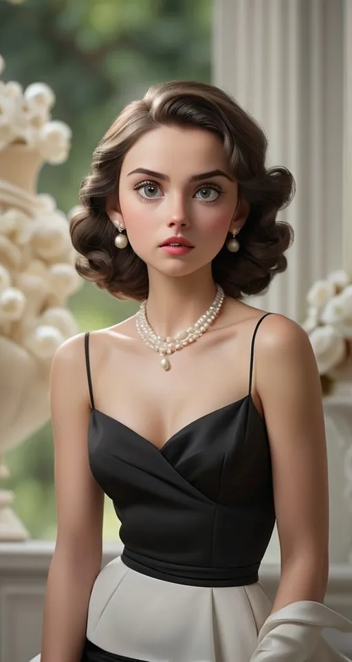Prompt: Captured in a timeless black-and-white photograph, a young woman gazes earnestly off to the side, her striking features illuminated by soft lighting that accentuates the contours of her face. With dark, wavy hair cascading elegantly around her shoulders, she wears a sophisticated outfit complemented by a string of pearls adorning her neck, suggesting a sense of grace and refinement. Her intense, expressive eyes convey a blend of strength and vulnerability, while subtle shading adds depth to her porcelain complexion, evoking a sense of nostalgia. The blurred background creates a focused perspective on her, enhancing the overall aura of classic beauty and intrigue, inviting viewers to ponder her story and the era she represents.