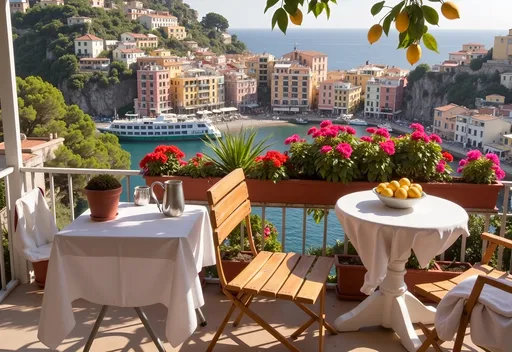 Prompt: A sunlit terrace adorned with vibrant potted geraniums in hues of pink and red overlooks the stunning coastline of Positano, Italy, where colorful houses cascade down the cliffside against a backdrop of lush green hills. Fragrant lemon trees hang overhead, their bright yellow fruits adding a pop of color to the serene scene. A small, round table draped in a white tablecloth showcases a bowl filled with fresh lemons, inviting a sense of warmth and hospitality. The tranquil blue sea glistens under the sunshine, while a few boats gently bob in the distance, enhancing the idyllic summertime ambiance, evoking feelings of relaxation and the delight of Mediterranean living.