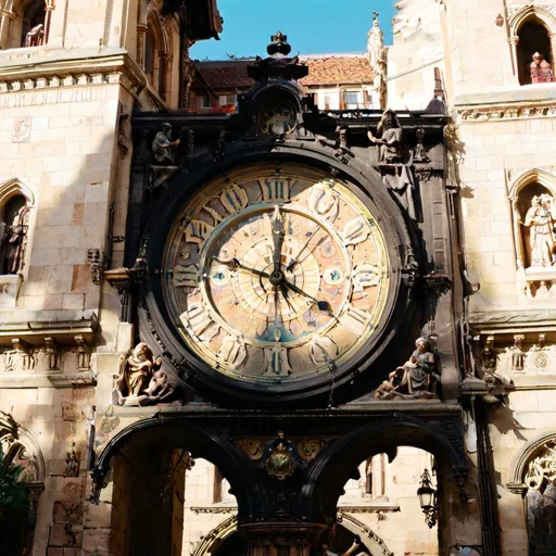Prompt: Intricately designed and steeped in history, the astronomical clock dominates the façade of an ancient building, showcasing its ornate features against a backdrop of muted stone. The clock features a large gilded face, with bronze and gold details gleaming in the daylight, surrounded by symbolic figures and decorative motifs that hint at its medieval origins. A vibrant mural depicting celestial bodies encircles the clock, embellished with intricately carved statues representing various saints and figures, adding to its grandeur. In the foreground, a diverse group of onlookers gazes up in wonder, reflecting a sense of awe and curiosity as they engage with this architectural marvel. The blend of historical craftsmanship and contemporary visitors accentuates the timeless allure of the clock, set against a clear sky that enhances the vivid colors of the scene.