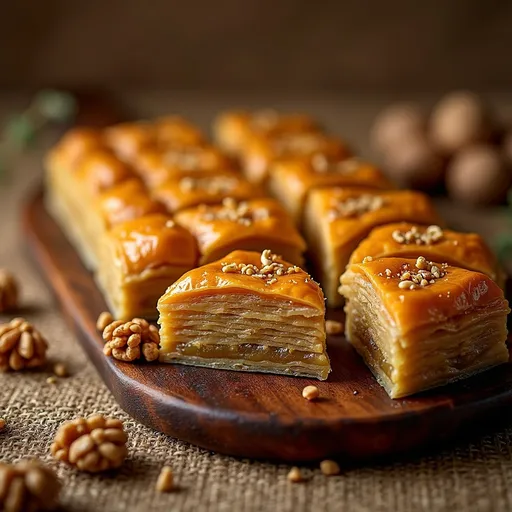 Prompt: Golden-hued pieces of baklava, adorned with glistening nuts, are beautifully arranged on a rich wooden platter, showcasing their intricate layers and syrupy sheen. The baklava pieces are cut into geometric shapes, revealing their flaky texture within, while whole walnuts and shelled halves are scattered around, adding to the rustic appeal. The background features a warm, earthy tone with a natural burlap texture, enhancing the inviting atmosphere of this delicious dessert. The soft lighting casts gentle shadows, emphasizing the rich colors and details, evoking a sense of indulgence and warmth, perfect for sharing during festive gatherings or special occasions.