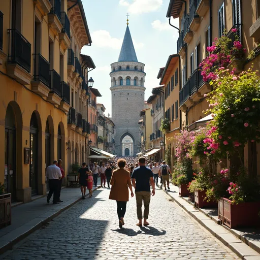 Prompt: Narrow cobblestone streets flanked by historic building facades lead toward the grandeur of a tall, ornate tower in the distance, suggesting a lively urban atmosphere. Bright sunlight bathes the scene, casting soft shadows on the walls, while a hint of cloud cover adds a serene touch to the midday sky. A couple strolls leisurely in the foreground, their backs turned to the viewer, as they head toward a bustling archway where a crowd of tourists gathers. Lively cafe seating adorned with vibrant flowers forms a vibrant border along the sides, enhancing the charming, inviting feel of this picturesque street in an old European city. The image captures a moment of exploration and connection with the rich history surrounding it.