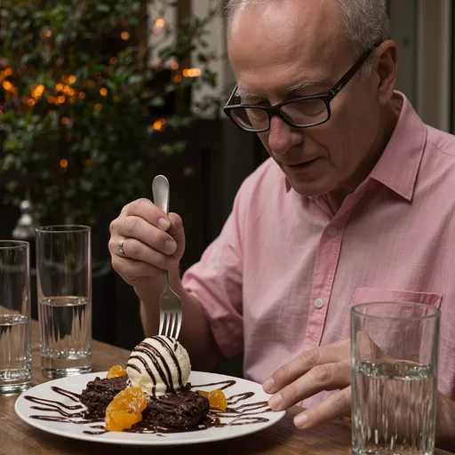 Prompt: A cozy outdoor dining scene comes alive under soft lighting, with a man engrossed in his dessert experience. In the foreground, a visually enticing plate features a rich chocolate dessert drizzled with sauce, accompanied by vibrant orange segments and a dollop of creamy vanilla ice cream, meticulously decorated with chocolate stripes. The warm glow of the surrounding ambiance highlights lush greenery and a hint of evening atmosphere, while the man, dressed in a casual pink shirt and glasses, steadies his fork poised to savor his next bite. Glasses of clear liquids sit nearby, reflecting the gentle light, enhancing the inviting mood of this delightful dining moment.